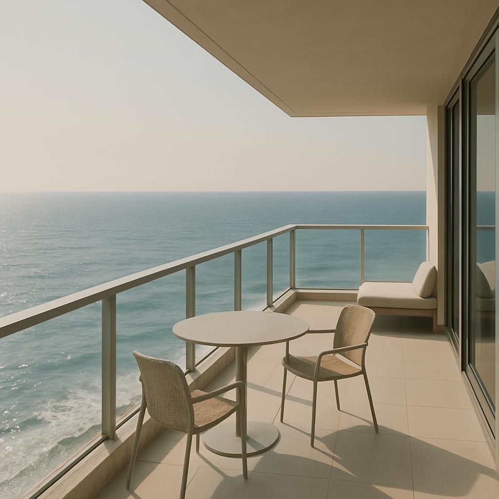 Balcony with a rounded table and chairs overlooking a large body of water.