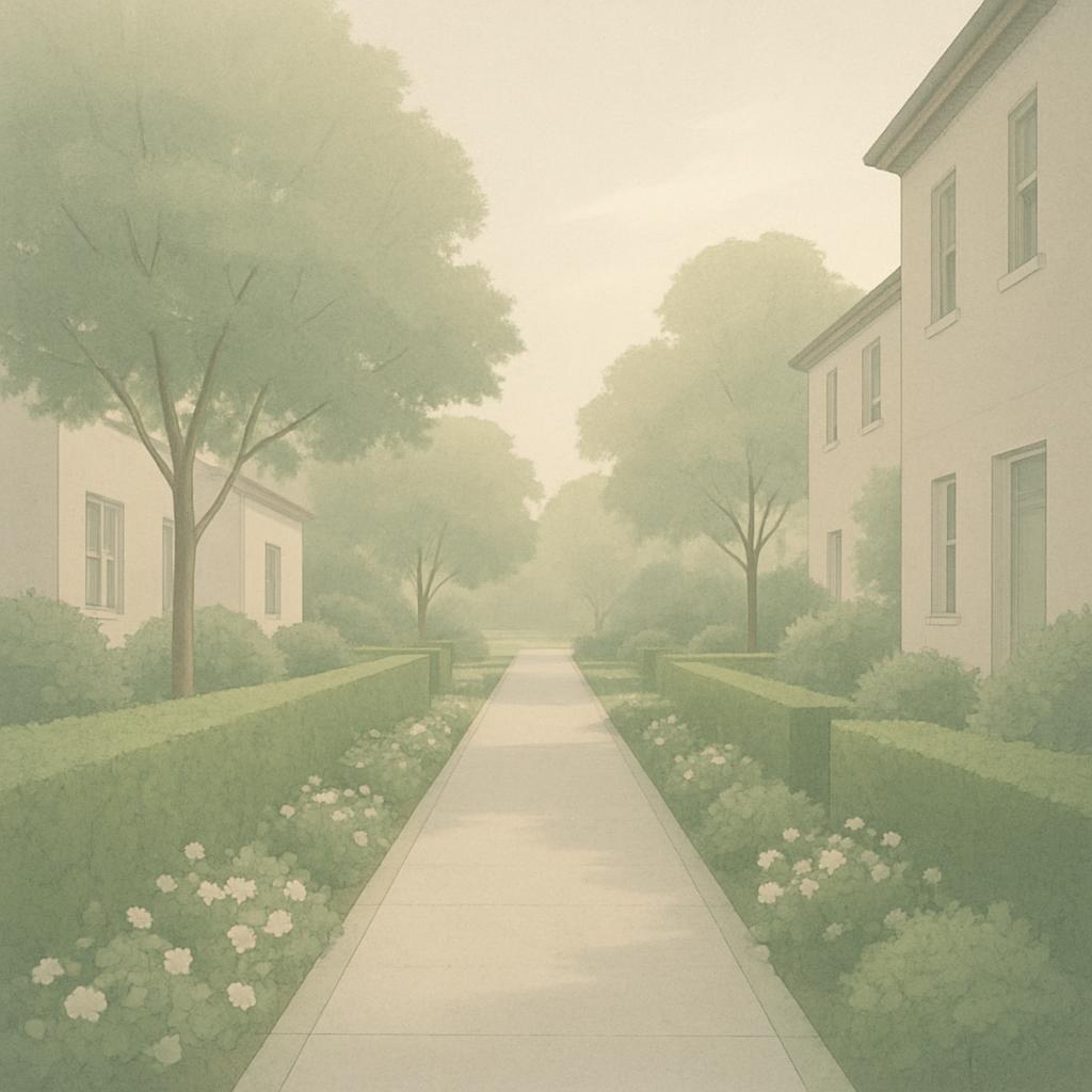A serene multitiered residential street with contour hedges, trees, flowers, and modern houses, bathed in soft, muted light.